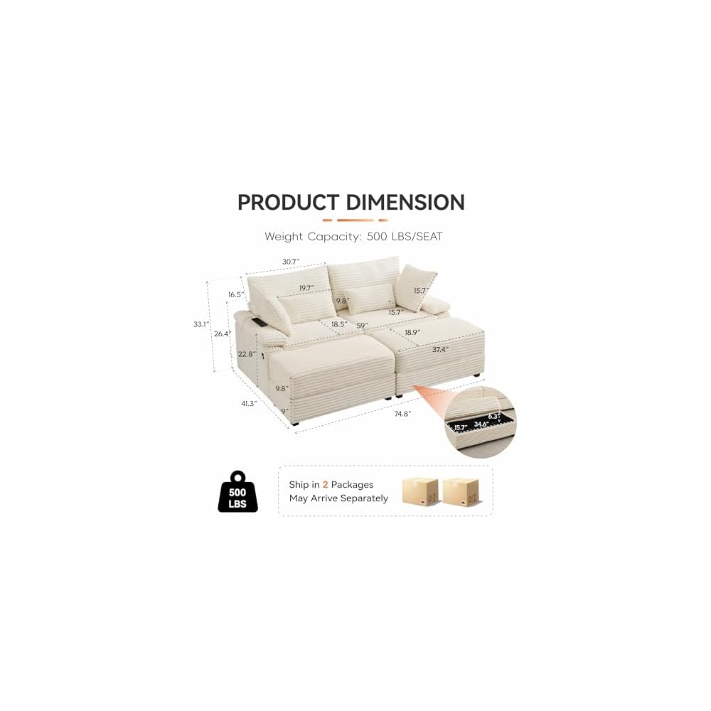 75" Corduroy Loveseat with Storage Ottoman, USB & Coffee Table, Beige