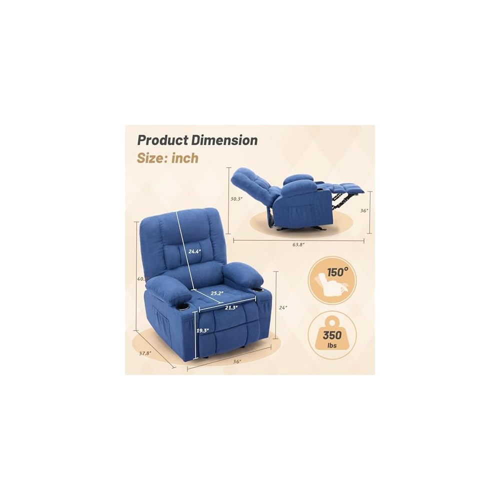 Rocker Recliner Chair with Massage and Heat, Nursery Rocking Chairs for Living Room, Comfy Relining Chair with Cup Holders, USB Charge Port, Side Pockets, Ergonomic Single Sofa, Blue