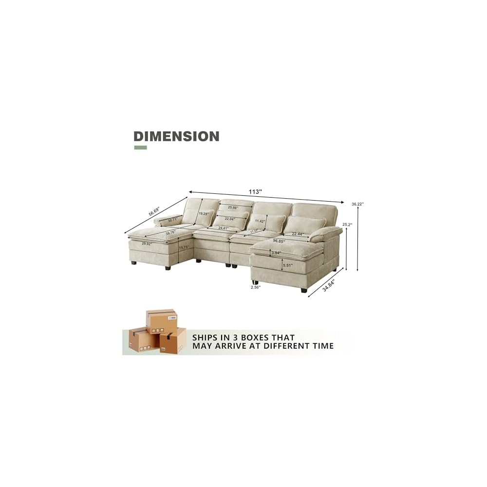 112" Modular Sectional Sofa, U Shaped Comfy Cloud Couch with Double Chaise and Padded Armrests, Modern Deep Seat Sectional Couches for Living Room, Apartment, Office, Beige