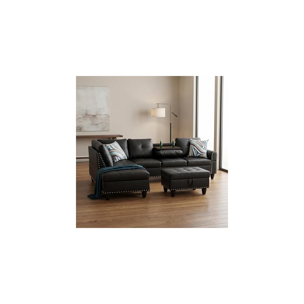 Leather L-Shaped Couch Set, 97.5"L x 69.5"W Sectional Sofas Black