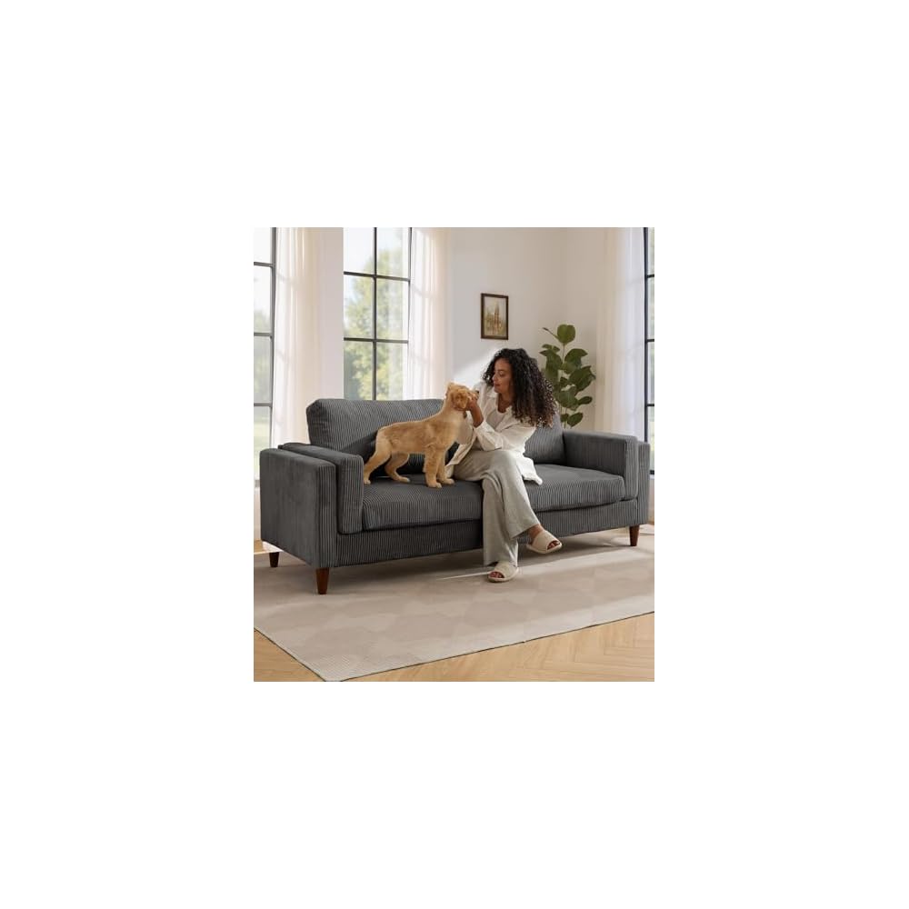 Tbfit 85" Corduroy Couch for Living Room, 3 Seater Mid Century Modern Sofa with Spring Cusions & Extra Deep Seat for Bedroom, Small Comfy Upholstered Couches Easy Assembly with Solid Wood Legs, Grey