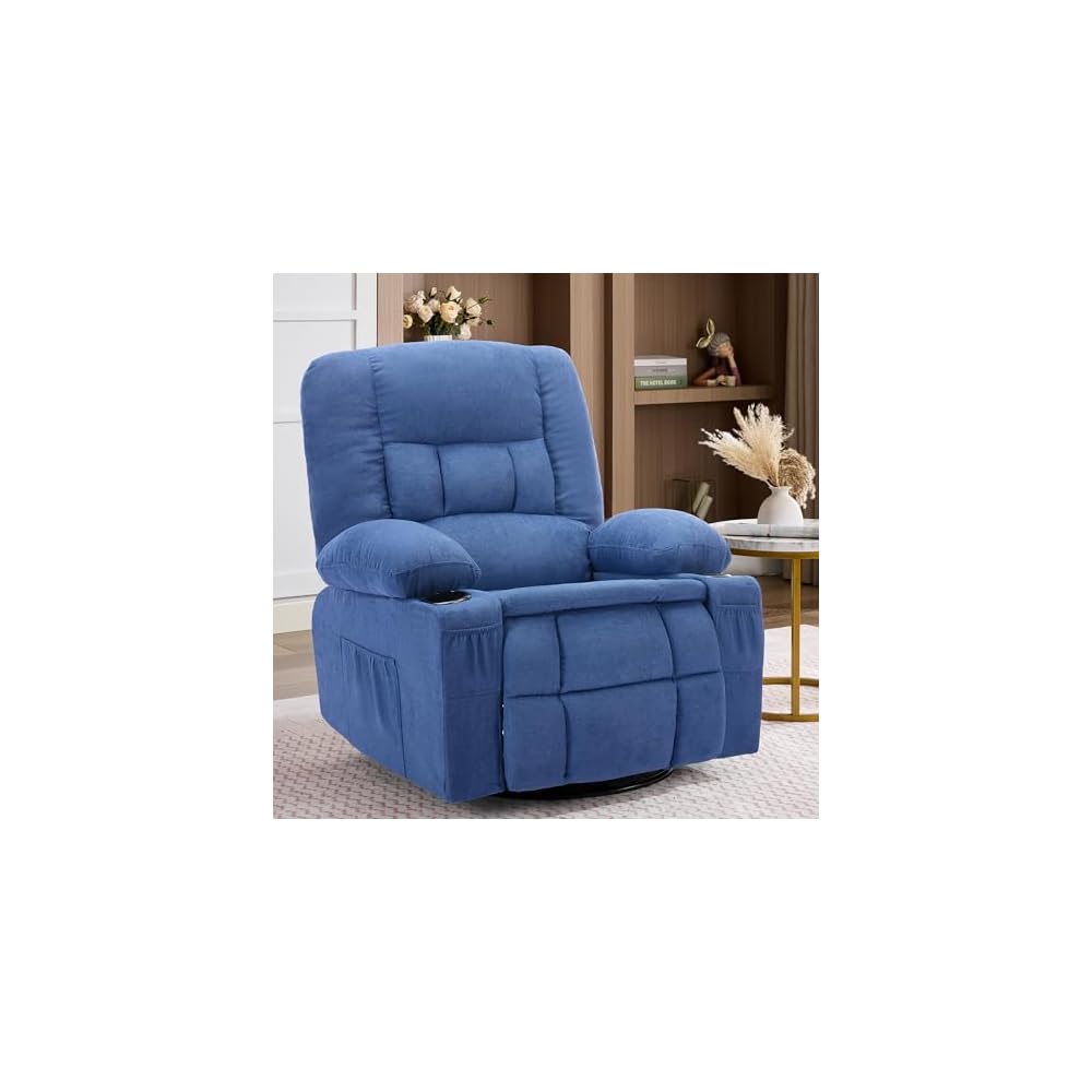 Rocker Recliner Chair with Massage and Heat, Nursery Rocking Chairs for Living Room, Comfy Relining Chair with Cup Holders, USB Charge Port, Side Pockets, Ergonomic Single Sofa, Blue