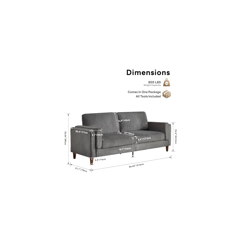 Tbfit 85" Corduroy Couch for Living Room, 3 Seater Mid Century Modern Sofa with Spring Cusions & Extra Deep Seat for Bedroom, Small Comfy Upholstered Couches Easy Assembly with Solid Wood Legs, Grey