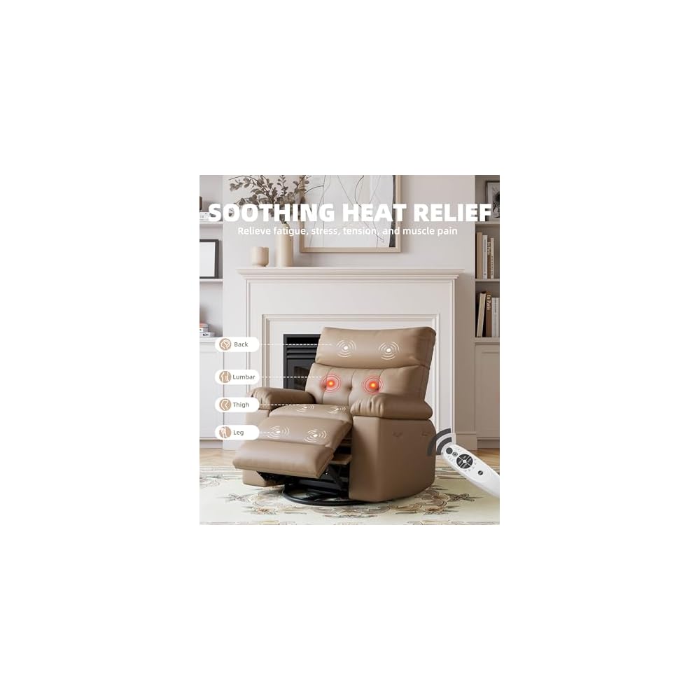 GarveeHome Electric Swivel Massage Chair, Power Rocking Recliner with Vibration and Heating, Overstuffed PU Leather Single Sofa with USB Port and Storage, Glider for Living Room Nursery