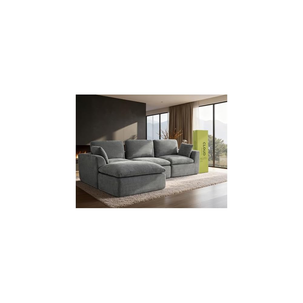 Oversized 110.5" Double-Layered and Soft Cloud Couch Modular Sectional Sofa Boneless Couches for Living Room 4-Seater L-Shape Couch with Ottoman Deep-Seat Chenille Memory Foam Dark Gray
