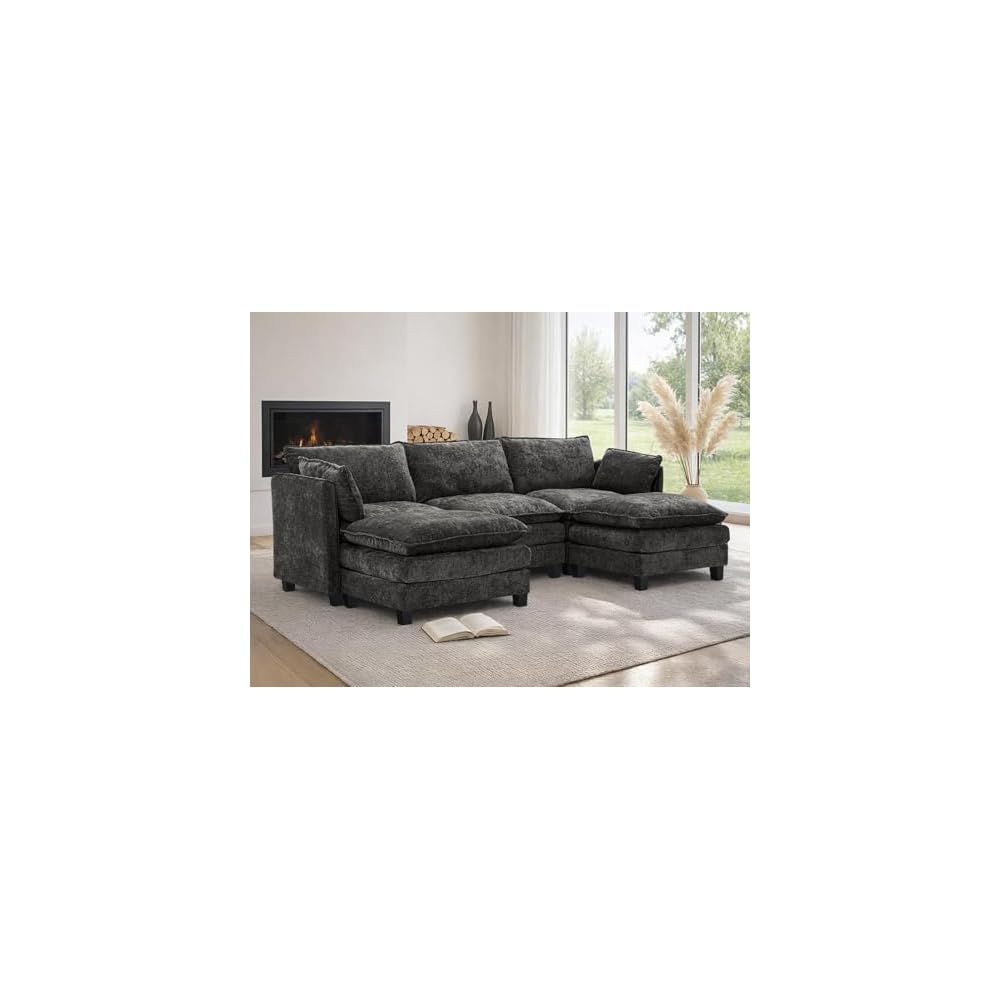 Cloud Modular Sectional Sofa, U-Shaped Deep Seat Oversized Couch for Large Living Room, Pet-Friendly Chenille Fabric Sofa Set with Ottoman for Family Movie Nights