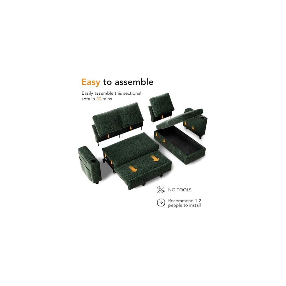 Sunny Heart L-Shaped Sleeper Sofa with Pull Out Bed, 82" Sectional Couch with Reclining Backrest, Reversible Storage Chaise, Armrest Storage, Cup Holders, and Side Pockets, Tool-Free Assembly, Green