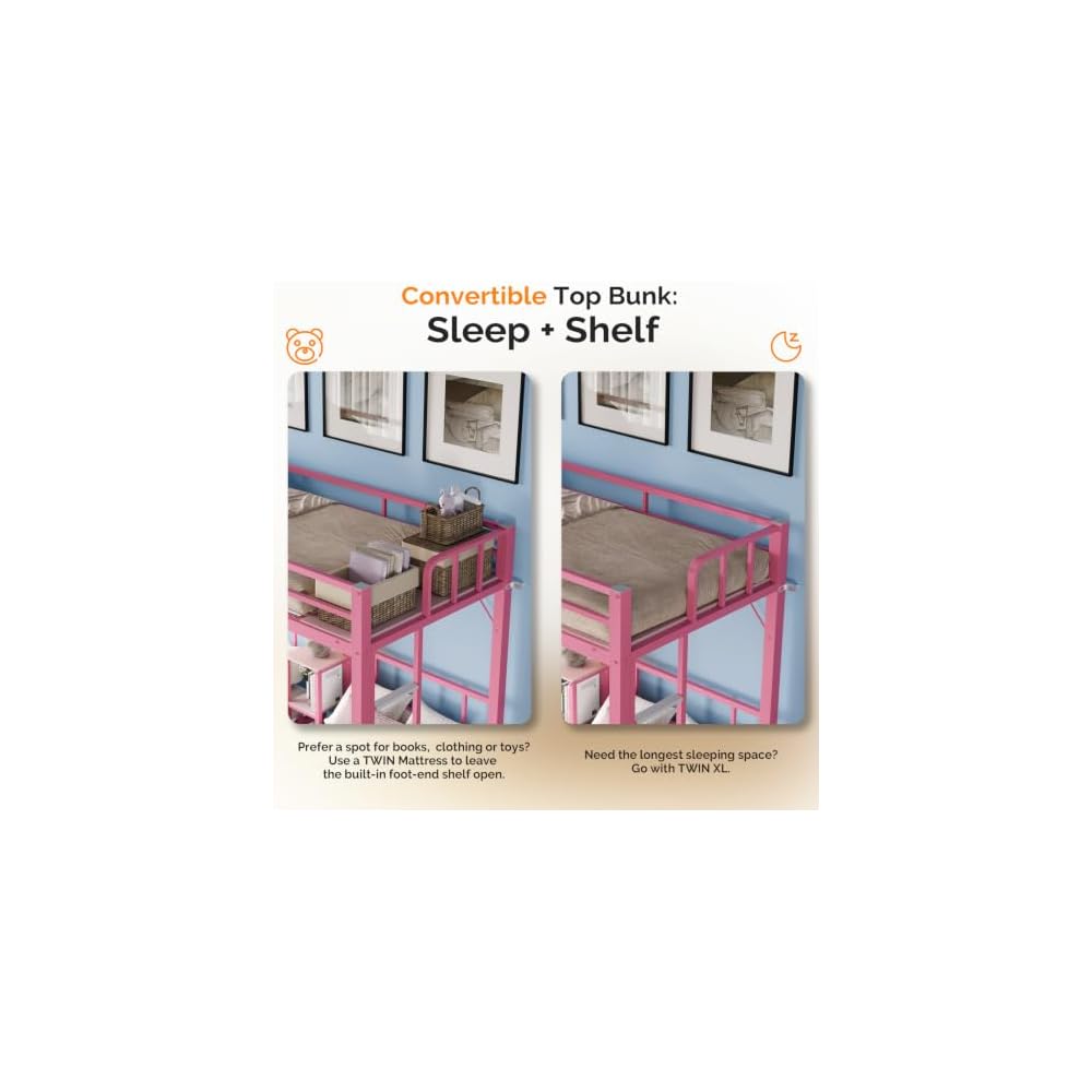 Bonnlo Metal Triple Bunk Bed Twin Over Twin Over Twin,3 Bunk Beds with Shelves for Kids,Teens and Adults, Detachable 3 Person Bed, No Box Spring Needed,Pink