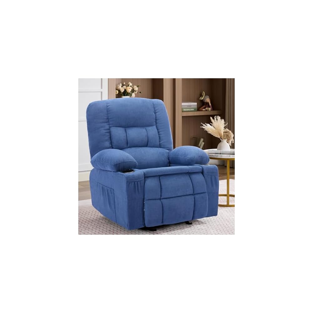 Rocker Recliner Chair with Massage and Heat, Nursery Rocking Chairs for Living Room, Comfy Relining Chair with Cup Holders, USB Charge Port, Side Pockets, Ergonomic Single Sofa, Blue