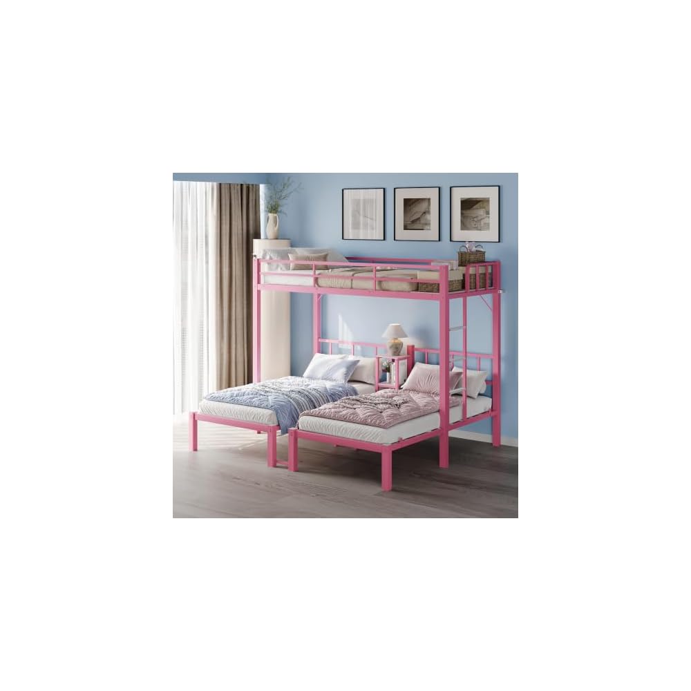 Bonnlo Metal Triple Bunk Bed Twin Over Twin Over Twin,3 Bunk Beds with Shelves for Kids,Teens and Adults, Detachable 3 Person Bed, No Box Spring Needed,Pink