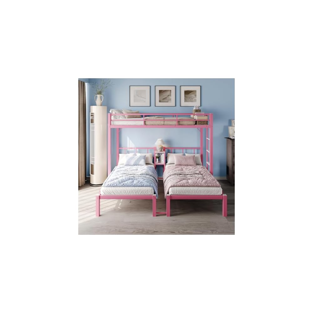 Bonnlo Metal Triple Bunk Bed Twin Over Twin Over Twin,3 Bunk Beds with Shelves for Kids,Teens and Adults, Detachable 3 Person Bed, No Box Spring Needed,Pink