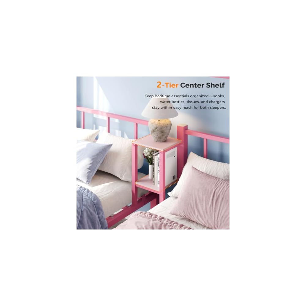 Bonnlo Metal Triple Bunk Bed Twin Over Twin Over Twin,3 Bunk Beds with Shelves for Kids,Teens and Adults, Detachable 3 Person Bed, No Box Spring Needed,Pink