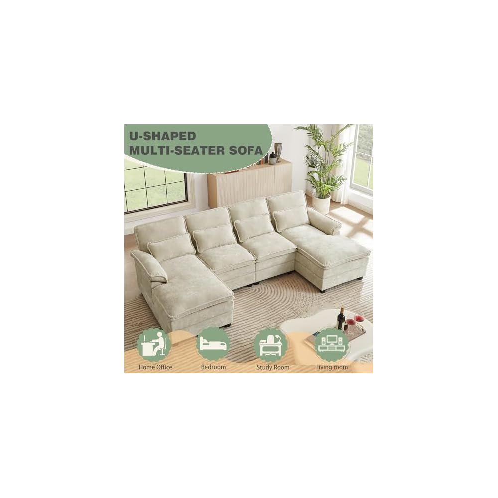 112" Modular Sectional Sofa, U Shaped Comfy Cloud Couch with Double Chaise and Padded Armrests, Modern Deep Seat Sectional Couches for Living Room, Apartment, Office, Beige