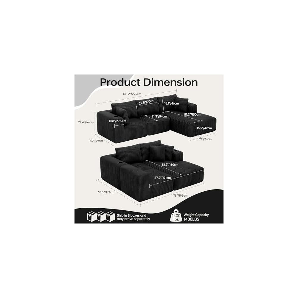 108" Sectional Couch L Shaped Sofa with Chaise, Boneless Couch, Right Black