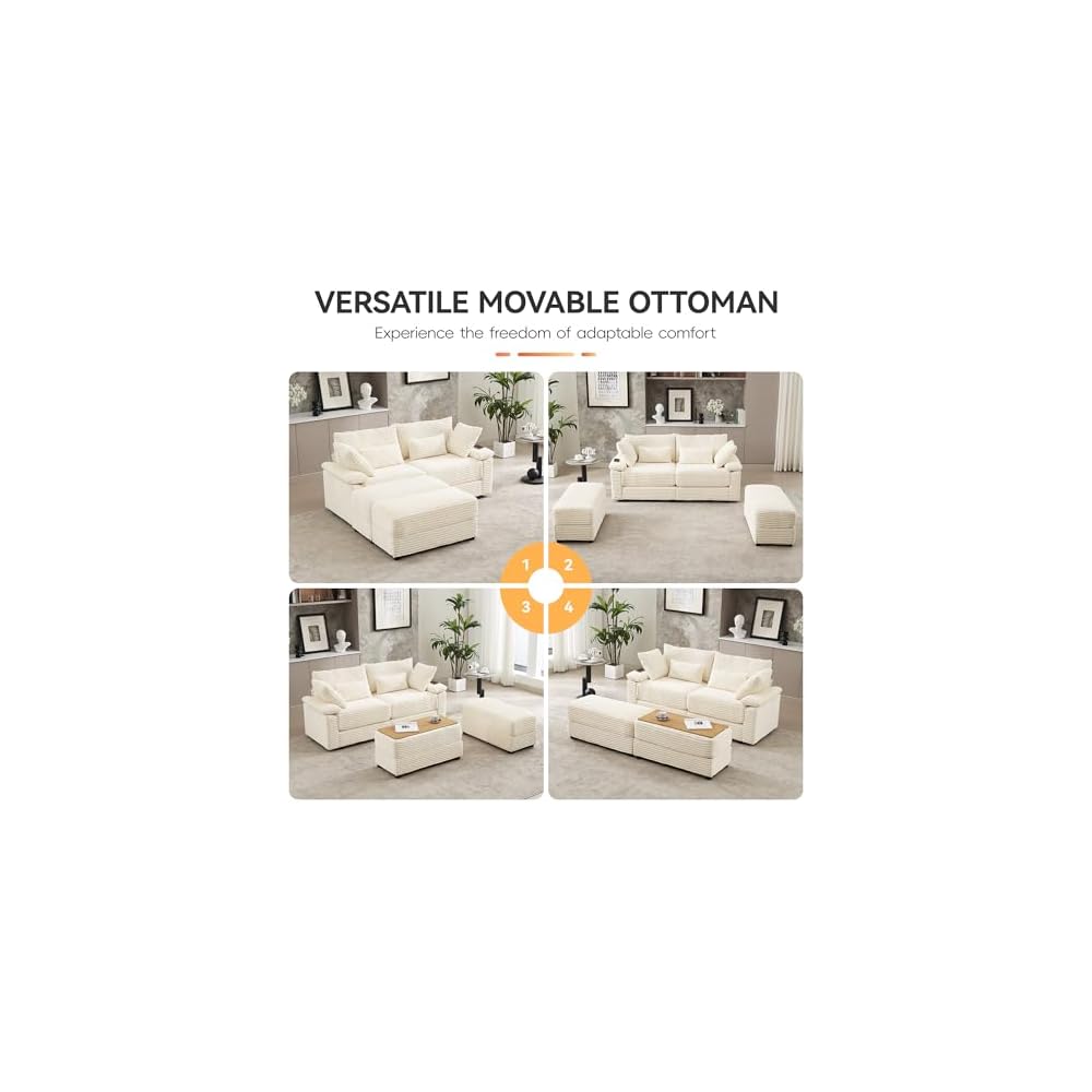 75" Corduroy Loveseat with Storage Ottoman, USB & Coffee Table, Beige