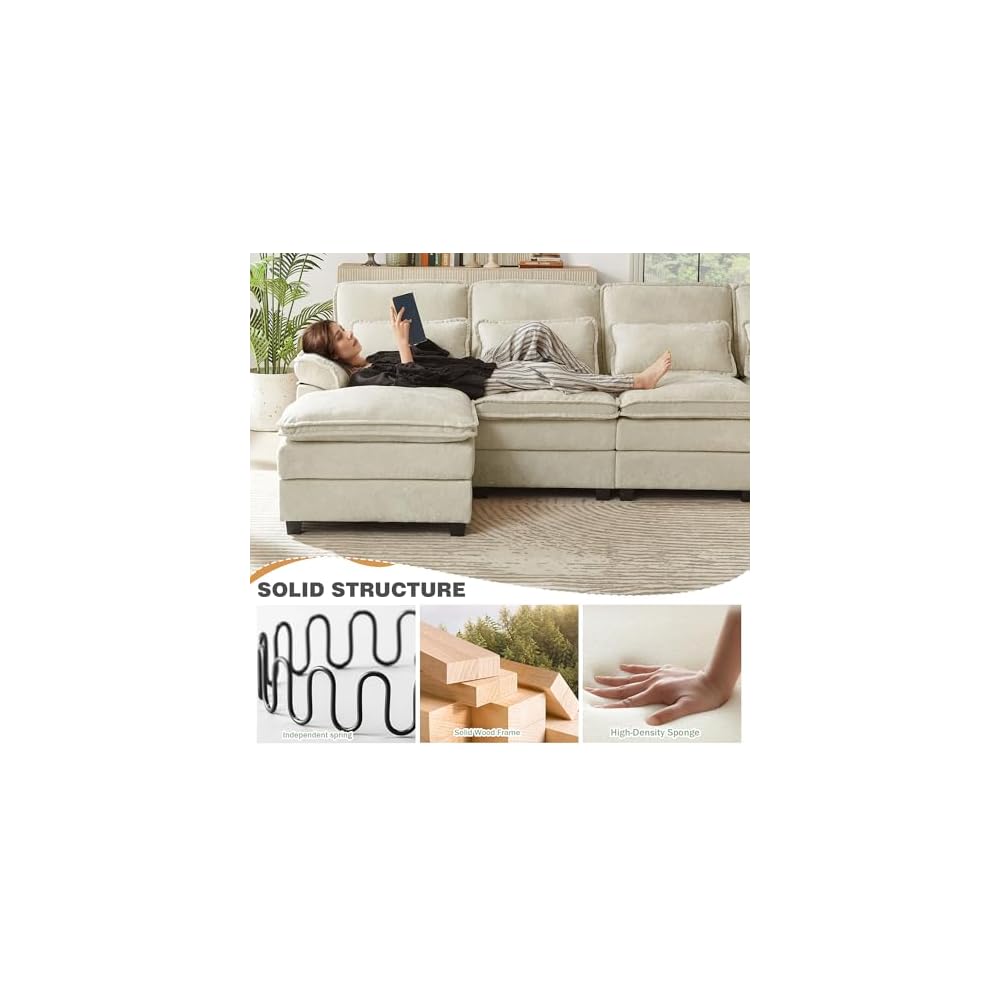 112" Modular Sectional Sofa, U Shaped Comfy Cloud Couch with Double Chaise and Padded Armrests, Modern Deep Seat Sectional Couches for Living Room, Apartment, Office, Beige