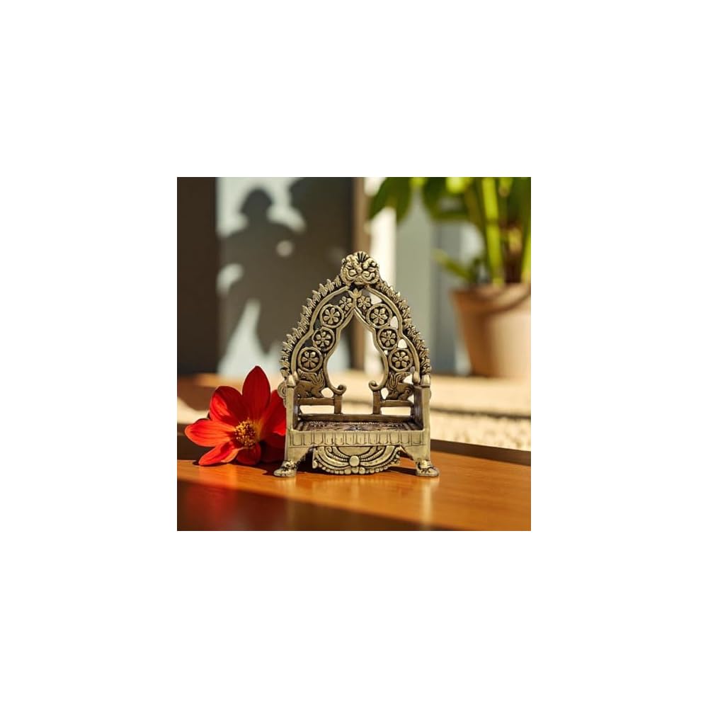 NATRIEL Handmade Vintage Brass Temple Throne Chair for God, Decorative Prayer Room Singhasan with Floral Design, Antique Gold, Laddu Gopal JI, 10x12x16 cm