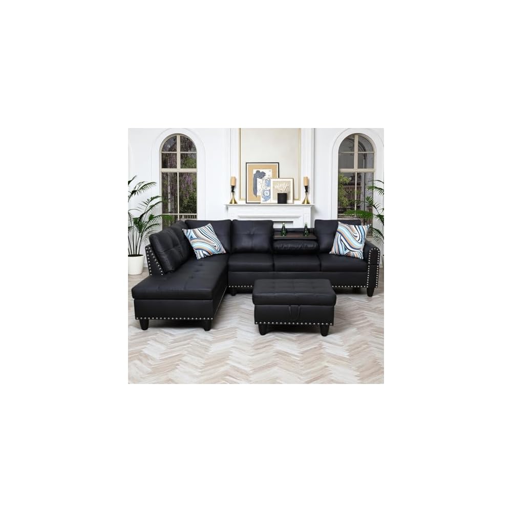 Leather L-Shaped Couch Set, 97.5"L x 69.5"W Sectional Sofas Black