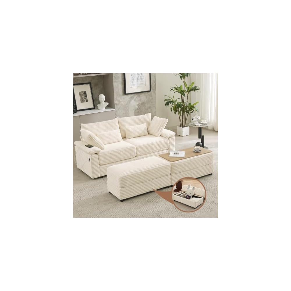75" Corduroy Loveseat with Storage Ottoman, USB & Coffee Table, Beige