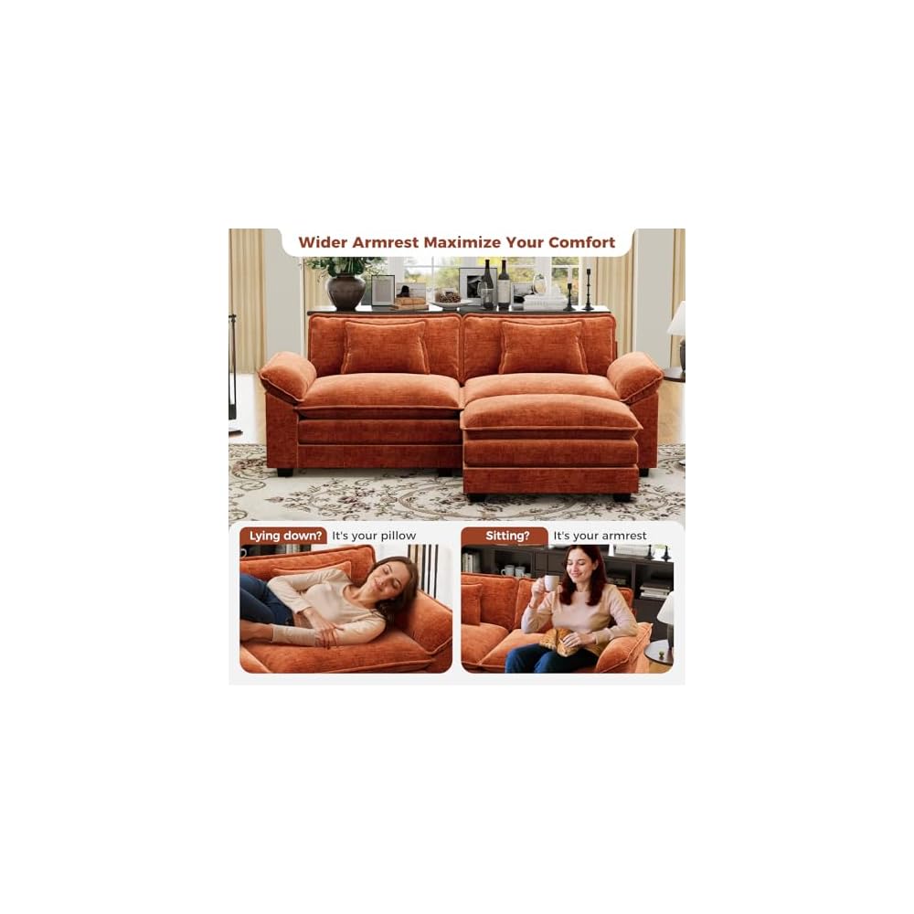 CDCASA 86" Modular Sectional Sofa, Comfy L-Shaped Cloud Couch with Movable Ottoman, 3-Seater Chenille Deep Seat Modern Sofa Couch for Living Room, Terracotta Orange