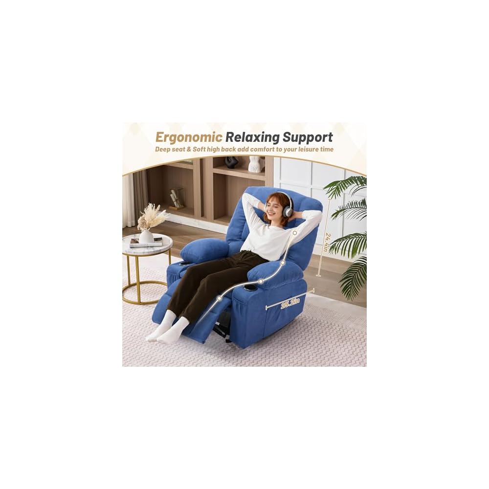 Rocker Recliner Chair with Massage and Heat, Nursery Rocking Chairs for Living Room, Comfy Relining Chair with Cup Holders, USB Charge Port, Side Pockets, Ergonomic Single Sofa, Blue