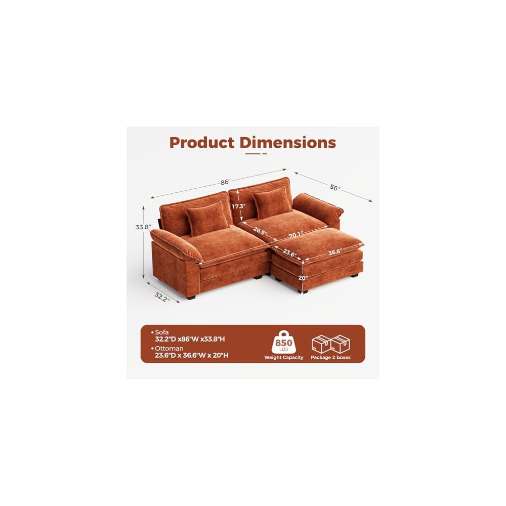 CDCASA 86" Modular Sectional Sofa, Comfy L-Shaped Cloud Couch with Movable Ottoman, 3-Seater Chenille Deep Seat Modern Sofa Couch for Living Room, Terracotta Orange