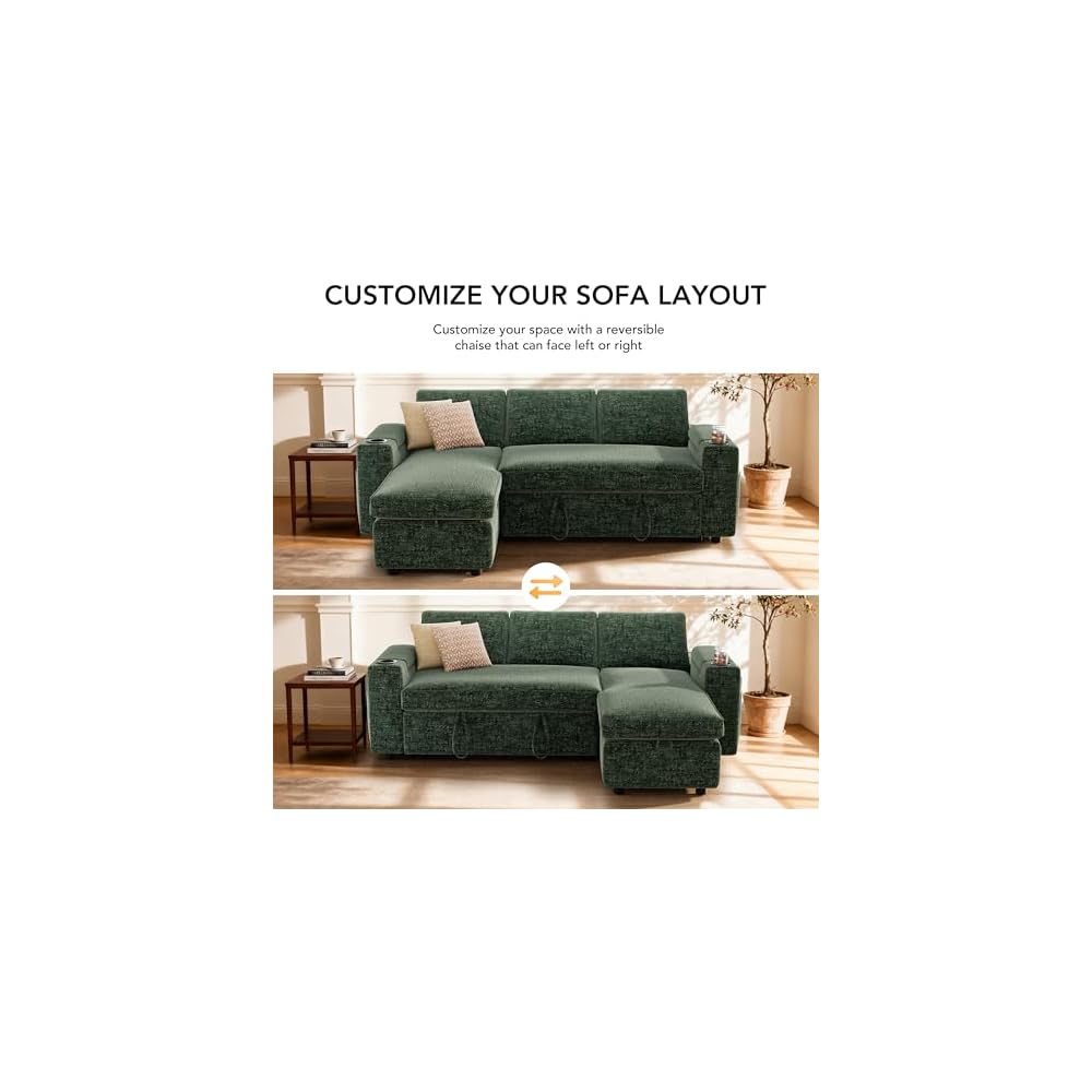 Sunny Heart L-Shaped Sleeper Sofa with Pull Out Bed, 82" Sectional Couch with Reclining Backrest, Reversible Storage Chaise, Armrest Storage, Cup Holders, and Side Pockets, Tool-Free Assembly, Green