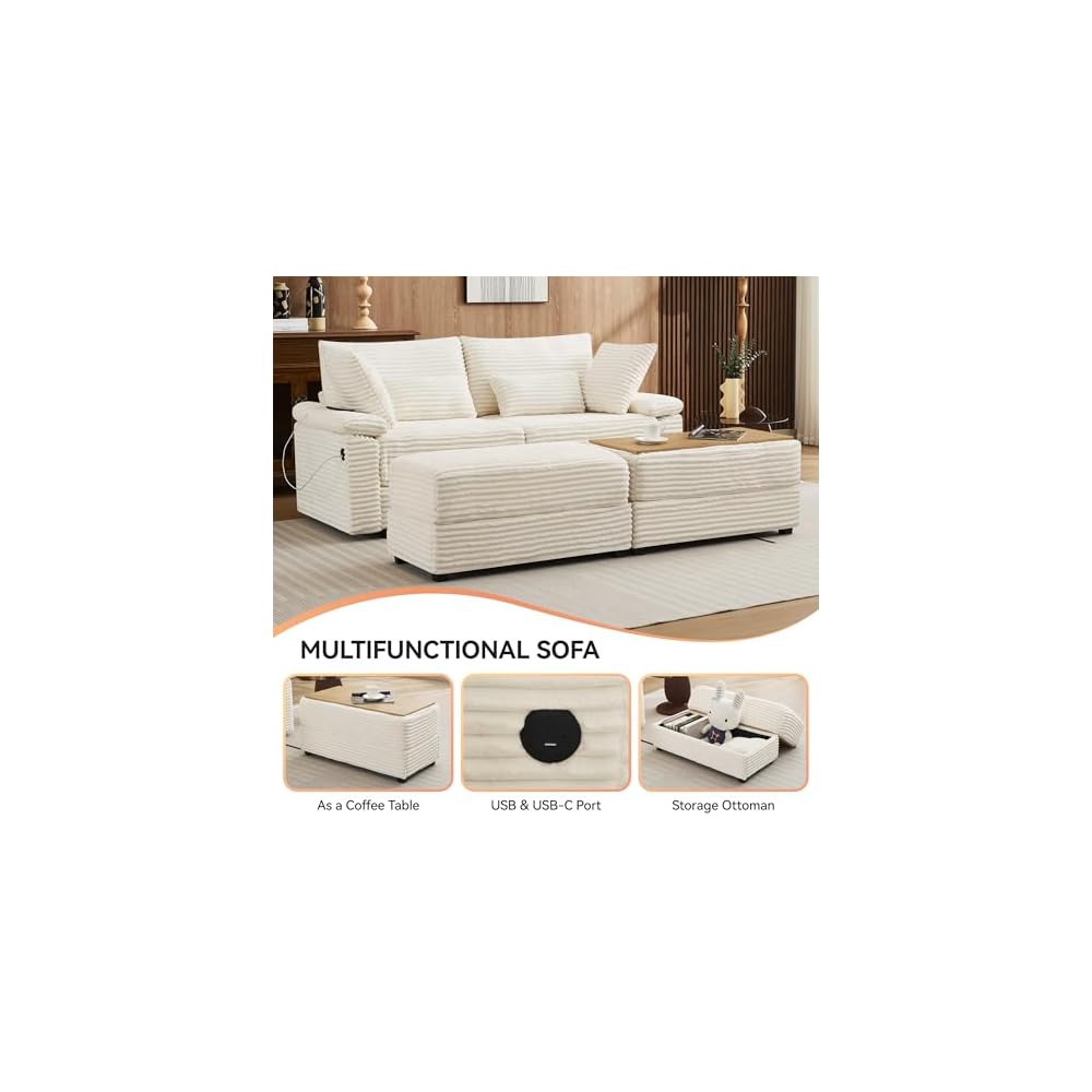 75" Corduroy Loveseat with Storage Ottoman, USB & Coffee Table, Beige
