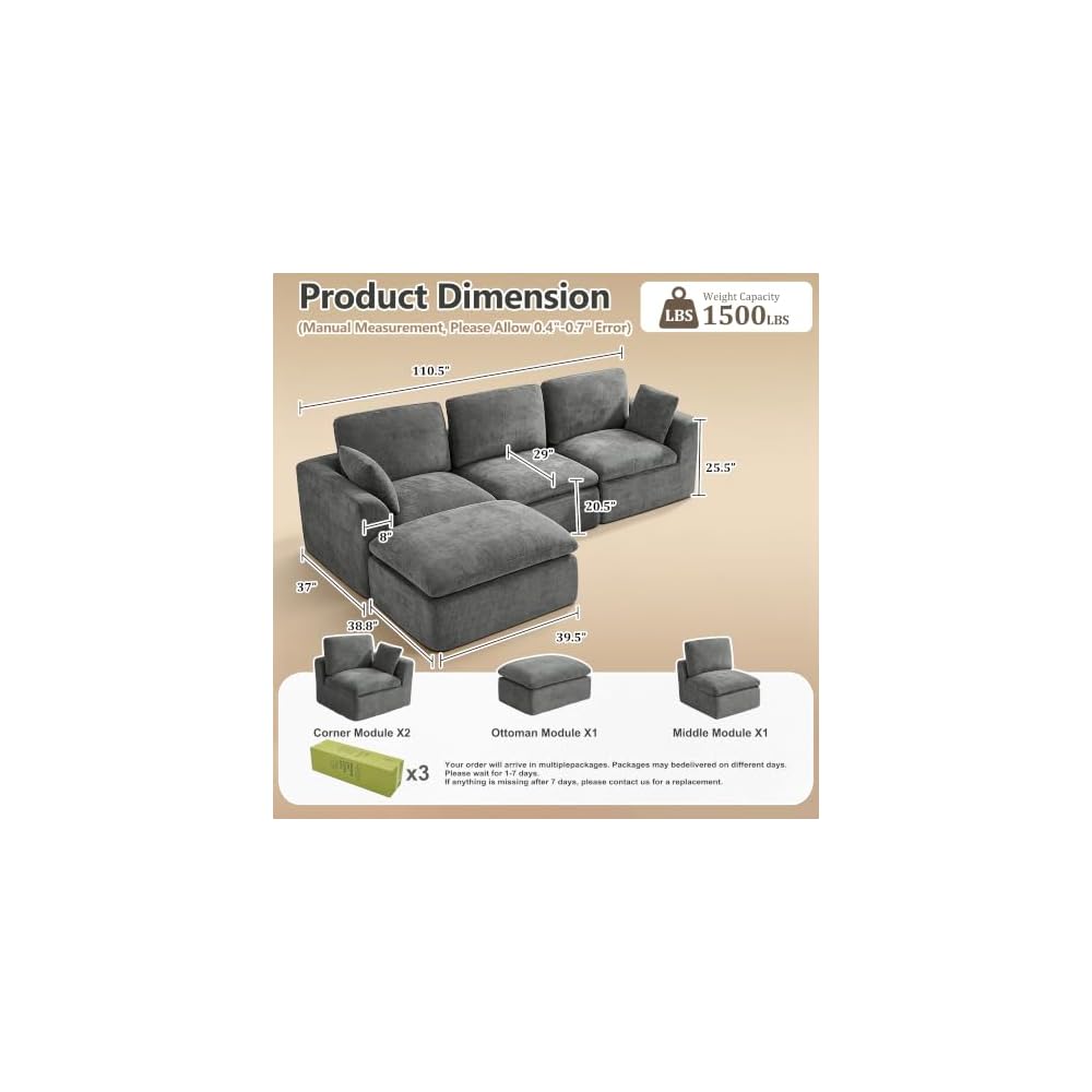 Oversized 110.5" Double-Layered and Soft Cloud Couch Modular Sectional Sofa Boneless Couches for Living Room 4-Seater L-Shape Couch with Ottoman Deep-Seat Chenille Memory Foam Dark Gray