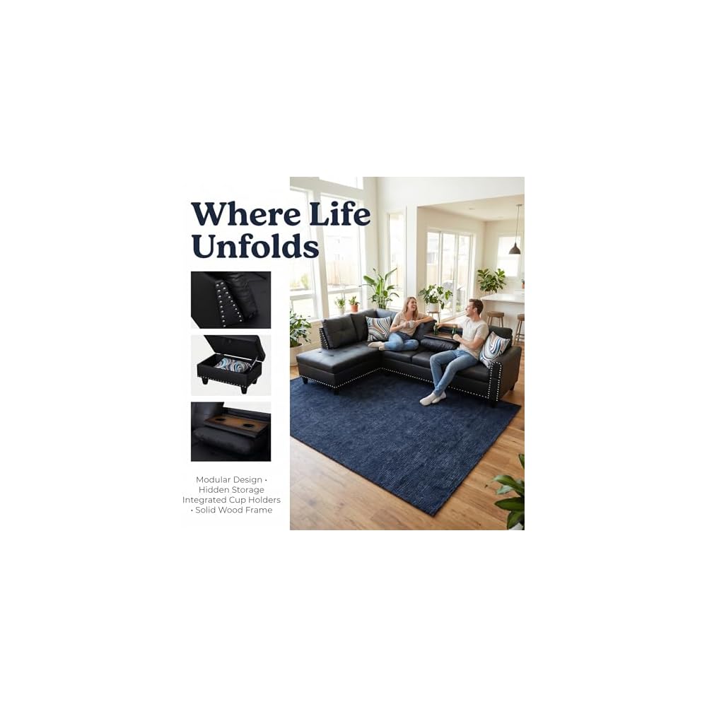 Leather L-Shaped Couch Set, 97.5"L x 69.5"W Sectional Sofas Black