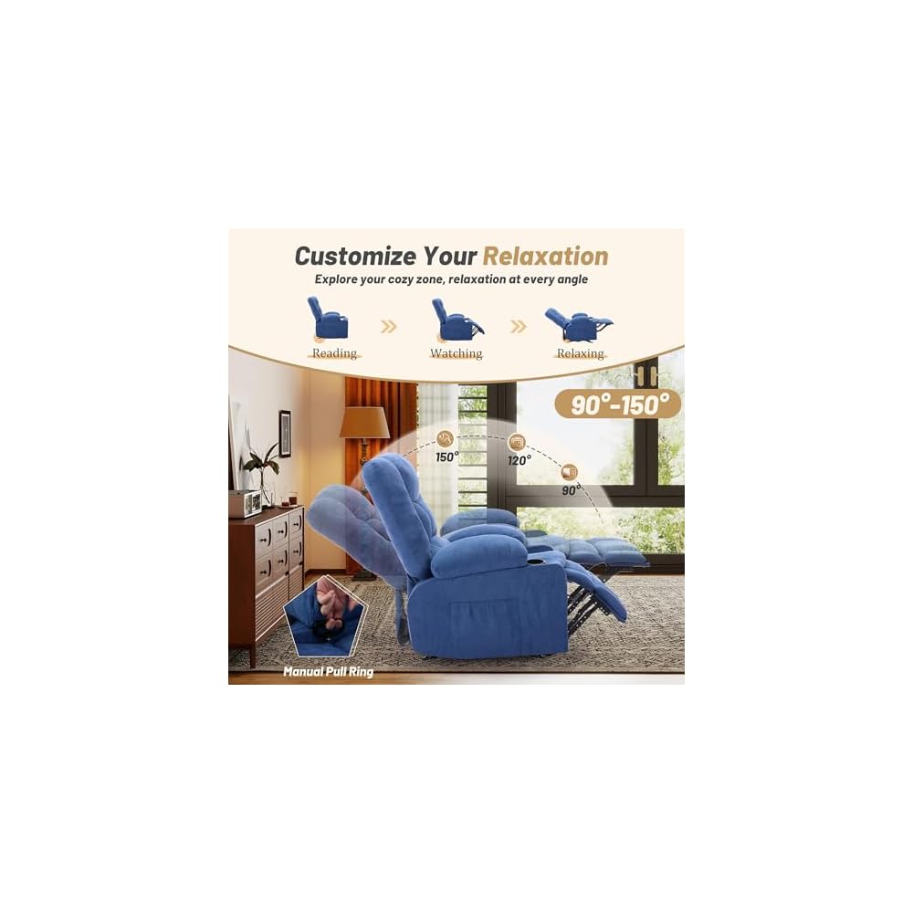 Rocker Recliner Chair with Massage and Heat, Nursery Rocking Chairs for Living Room, Comfy Relining Chair with Cup Holders, USB Charge Port, Side Pockets, Ergonomic Single Sofa, Blue