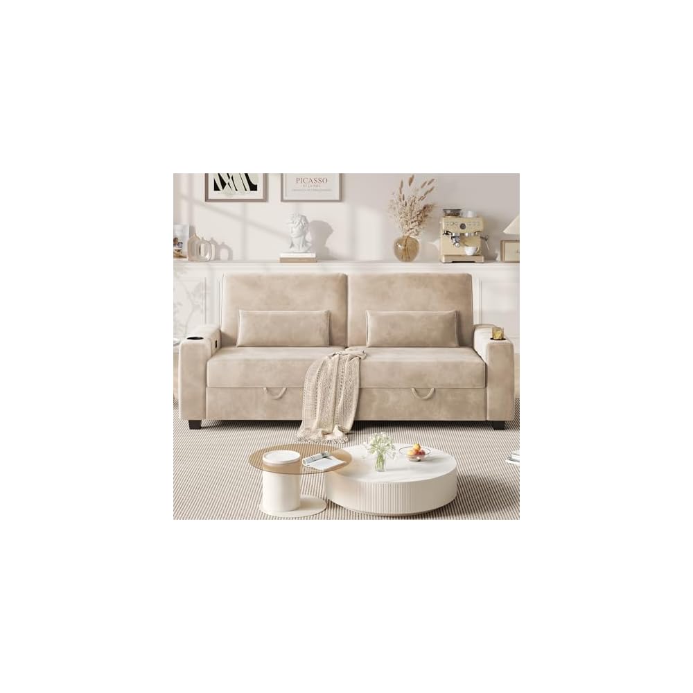 COPIAE Loveseat Sofa, Larger Couch Velvet Fabric with Storage, Charging Ports, Heightened Backrests, Removable Cover Modern Comfy Couches Easy Assembly for Living Room, 88 Inch Beige