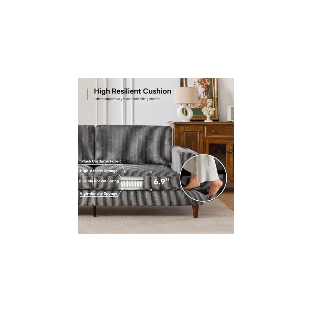 Tbfit 85" Corduroy Couch for Living Room, 3 Seater Mid Century Modern Sofa with Spring Cusions & Extra Deep Seat for Bedroom, Small Comfy Upholstered Couches Easy Assembly with Solid Wood Legs, Grey
