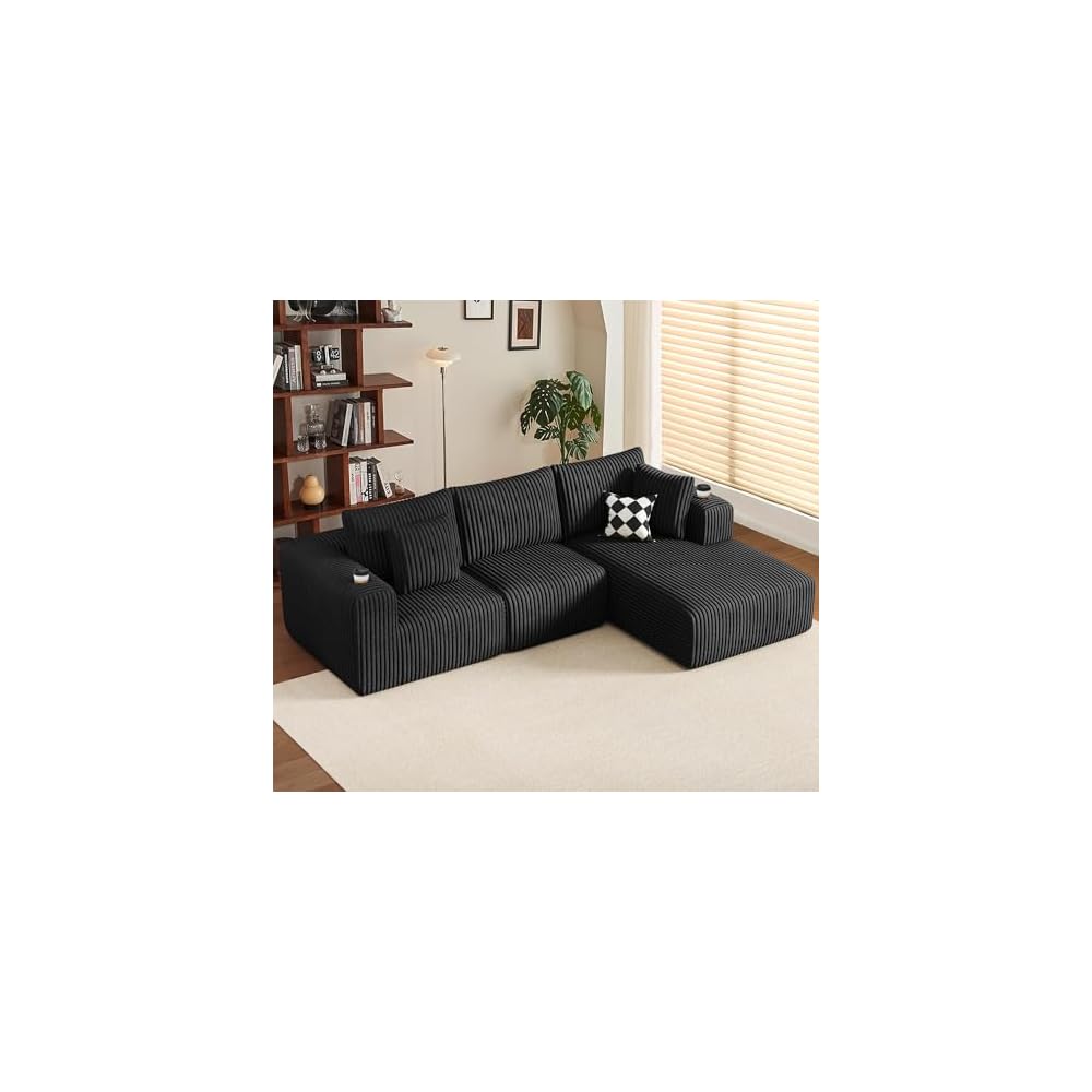 108" Sectional Couch L Shaped Sofa with Chaise, Boneless Couch, Right Black