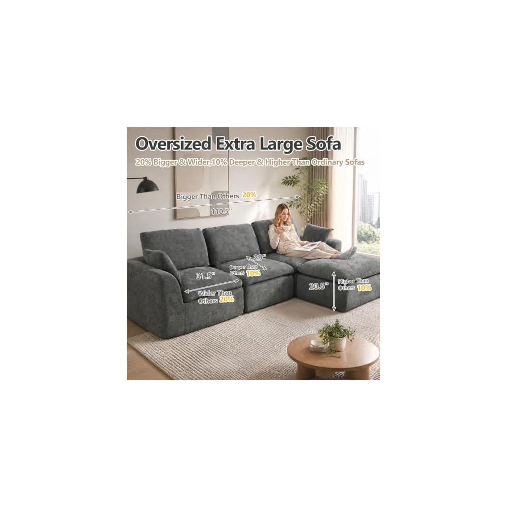 Oversized 110.5" Double-Layered and Soft Cloud Couch Modular Sectional Sofa Boneless Couches for Living Room 4-Seater L-Shape Couch with Ottoman Deep-Seat Chenille Memory Foam Dark Gray