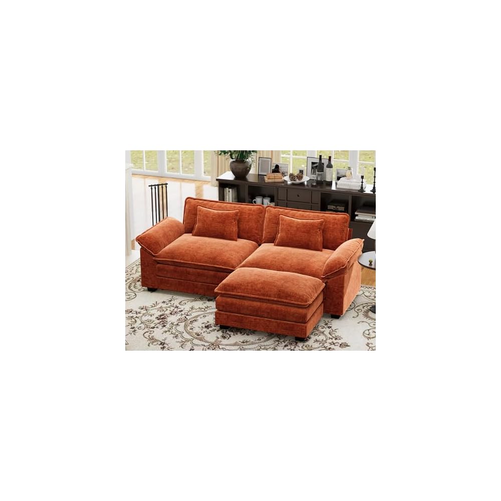 CDCASA 86" Modular Sectional Sofa, Comfy L-Shaped Cloud Couch with Movable Ottoman, 3-Seater Chenille Deep Seat Modern Sofa Couch for Living Room, Terracotta Orange