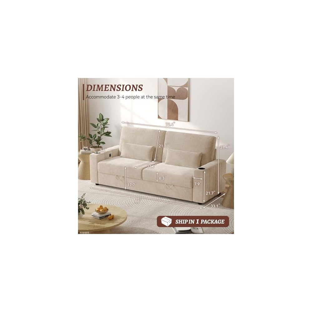 COPIAE Loveseat Sofa, Larger Couch Velvet Fabric with Storage, Charging Ports, Heightened Backrests, Removable Cover Modern Comfy Couches Easy Assembly for Living Room, 88 Inch Beige