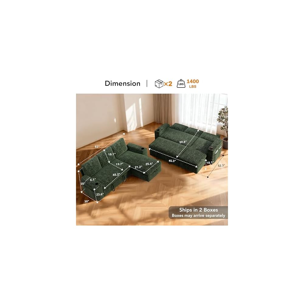 Sunny Heart L-Shaped Sleeper Sofa with Pull Out Bed, 82" Sectional Couch with Reclining Backrest, Reversible Storage Chaise, Armrest Storage, Cup Holders, and Side Pockets, Tool-Free Assembly, Green