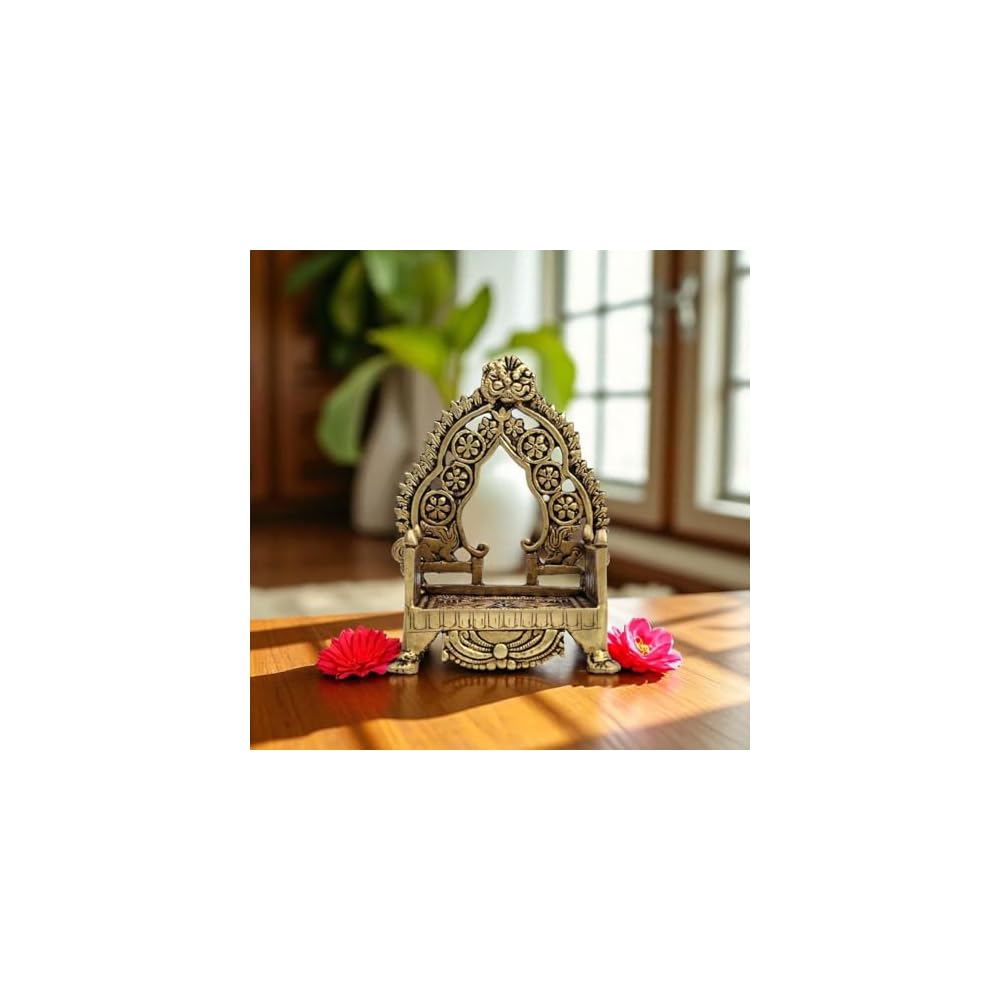 NATRIEL Handmade Vintage Brass Temple Throne Chair for God, Decorative Prayer Room Singhasan with Floral Design, Antique Gold, Laddu Gopal JI, 10x12x16 cm