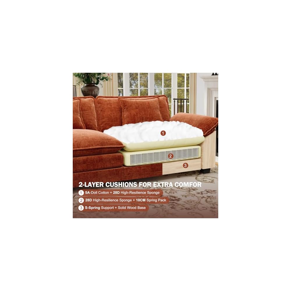 CDCASA 86" Modular Sectional Sofa, Comfy L-Shaped Cloud Couch with Movable Ottoman, 3-Seater Chenille Deep Seat Modern Sofa Couch for Living Room, Terracotta Orange