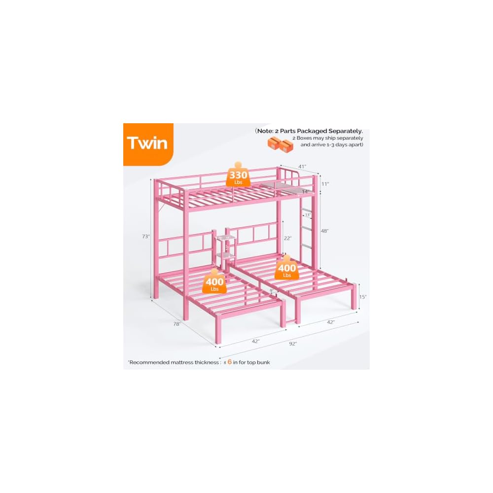 Bonnlo Metal Triple Bunk Bed Twin Over Twin Over Twin,3 Bunk Beds with Shelves for Kids,Teens and Adults, Detachable 3 Person Bed, No Box Spring Needed,Pink