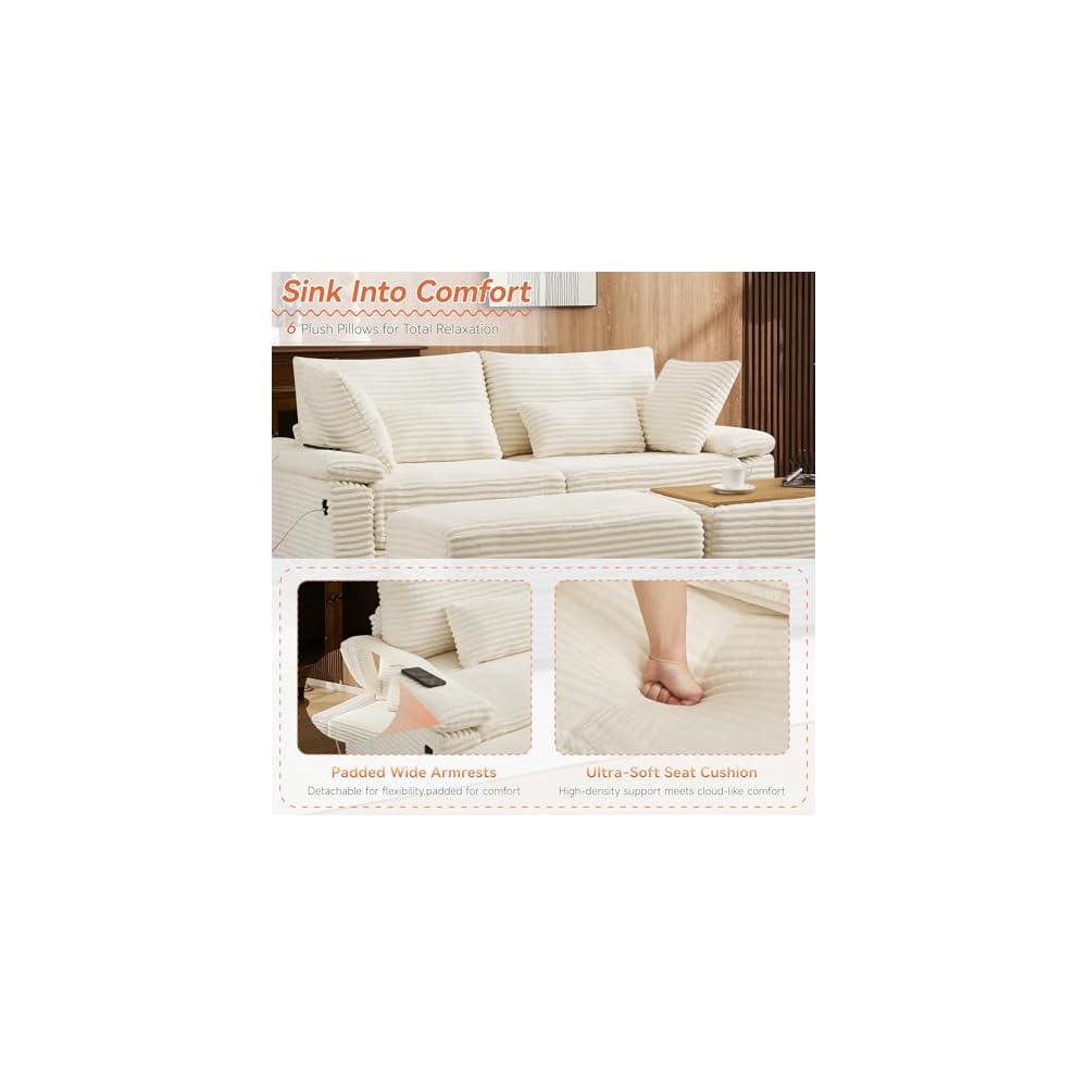 75" Corduroy Loveseat with Storage Ottoman, USB & Coffee Table, Beige
