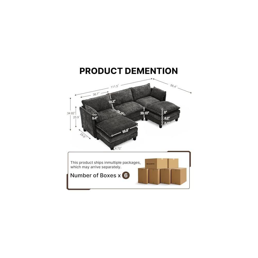 Cloud Modular Sectional Sofa, U-Shaped Deep Seat Oversized Couch for Large Living Room, Pet-Friendly Chenille Fabric Sofa Set with Ottoman for Family Movie Nights