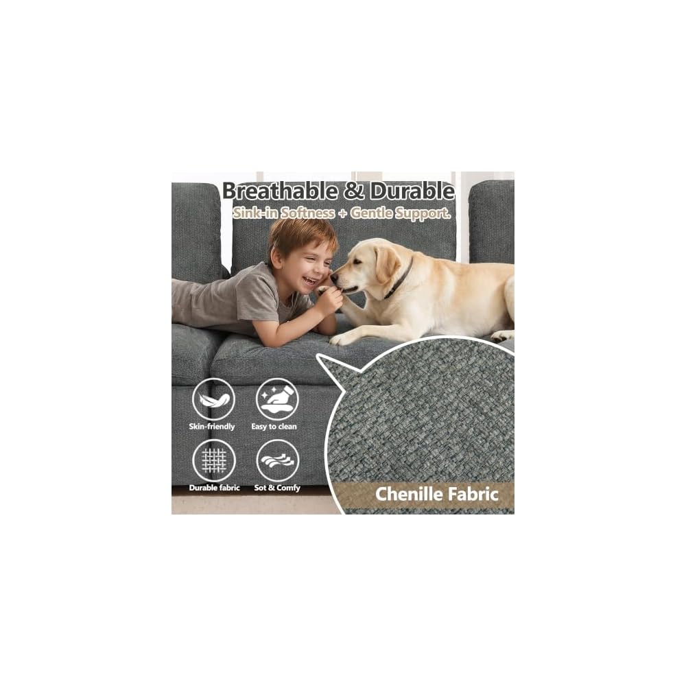 Oversized 110.5" Double-Layered and Soft Cloud Couch Modular Sectional Sofa Boneless Couches for Living Room 4-Seater L-Shape Couch with Ottoman Deep-Seat Chenille Memory Foam Dark Gray