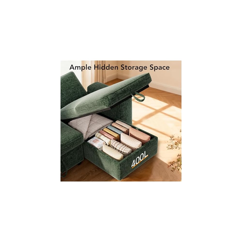 Sunny Heart L-Shaped Sleeper Sofa with Pull Out Bed, 82" Sectional Couch with Reclining Backrest, Reversible Storage Chaise, Armrest Storage, Cup Holders, and Side Pockets, Tool-Free Assembly, Green