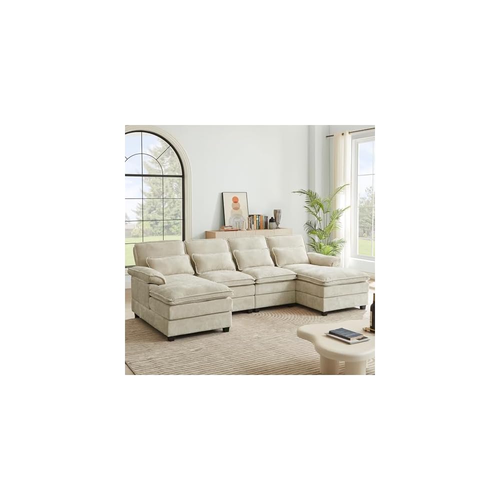 112" Modular Sectional Sofa, U Shaped Comfy Cloud Couch with Double Chaise and Padded Armrests, Modern Deep Seat Sectional Couches for Living Room, Apartment, Office, Beige