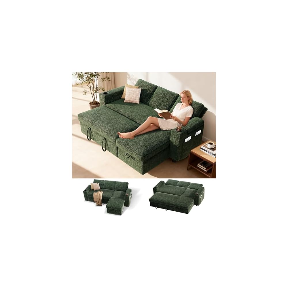 Sunny Heart L-Shaped Sleeper Sofa with Pull Out Bed, 82" Sectional Couch with Reclining Backrest, Reversible Storage Chaise, Armrest Storage, Cup Holders, and Side Pockets, Tool-Free Assembly, Green