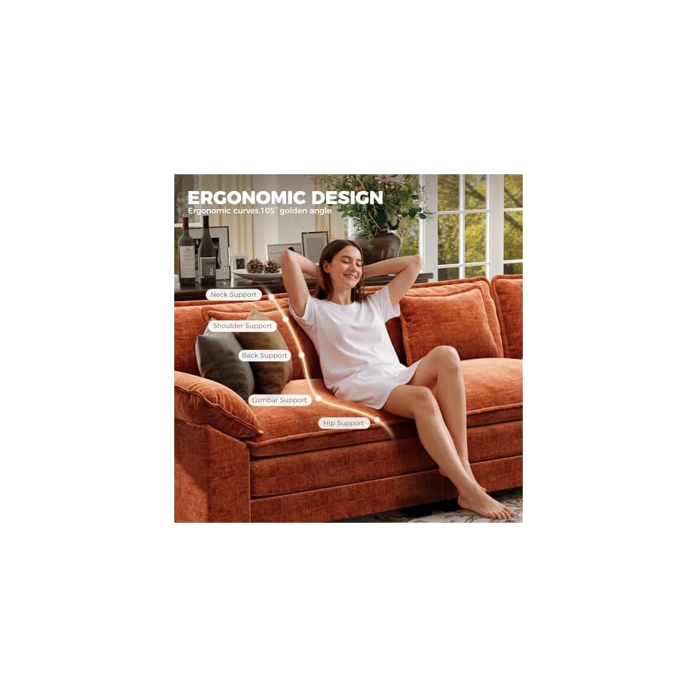 CDCASA 86" Modular Sectional Sofa, Comfy L-Shaped Cloud Couch with Movable Ottoman, 3-Seater Chenille Deep Seat Modern Sofa Couch for Living Room, Terracotta Orange