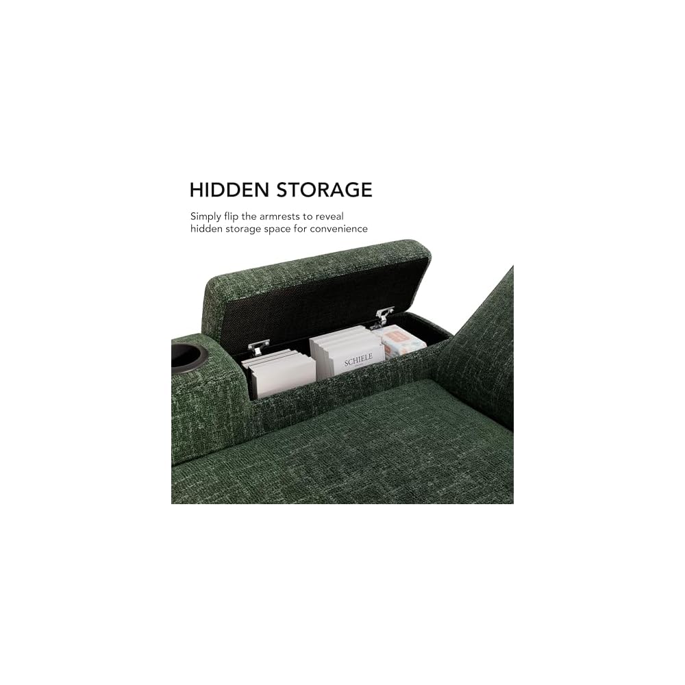 Sunny Heart L-Shaped Sleeper Sofa with Pull Out Bed, 82" Sectional Couch with Reclining Backrest, Reversible Storage Chaise, Armrest Storage, Cup Holders, and Side Pockets, Tool-Free Assembly, Green
