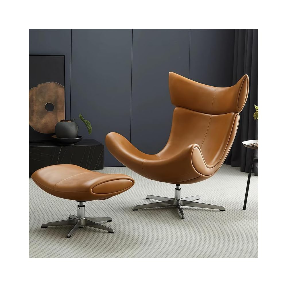 Modern Leather Recliner Chair with Ottoman, Swivel Lounge Chair with Ergonomic High Back & Metal Base for Living Room, Bedroom & Office Seating (Brown)